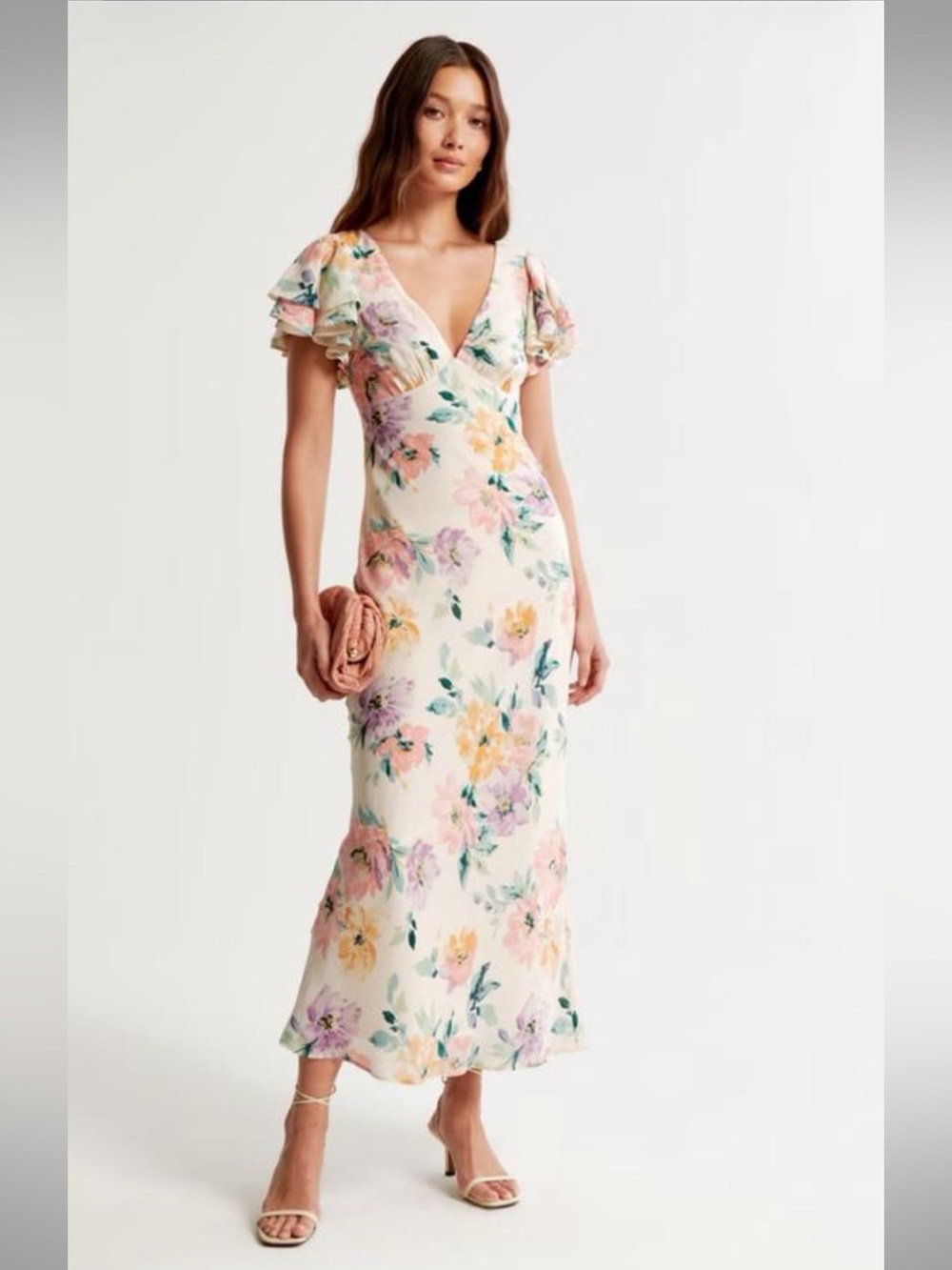 NWT Abercrombie & Fitch Cream Floral V‑Neck Ruffle Sleeve Maxi Dress